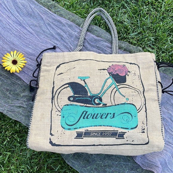 🌺 Mona B; CUTE Boutique Burlap “Flowers since 1952” Parisian Large Market Bag! - Picture 2 of 15